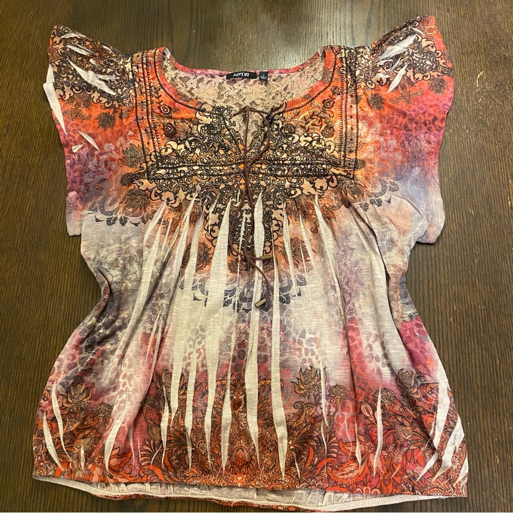 VTG Y2K Mandala Short Sleeve Blouse with Lace Insert & Tassel Tie Size Large